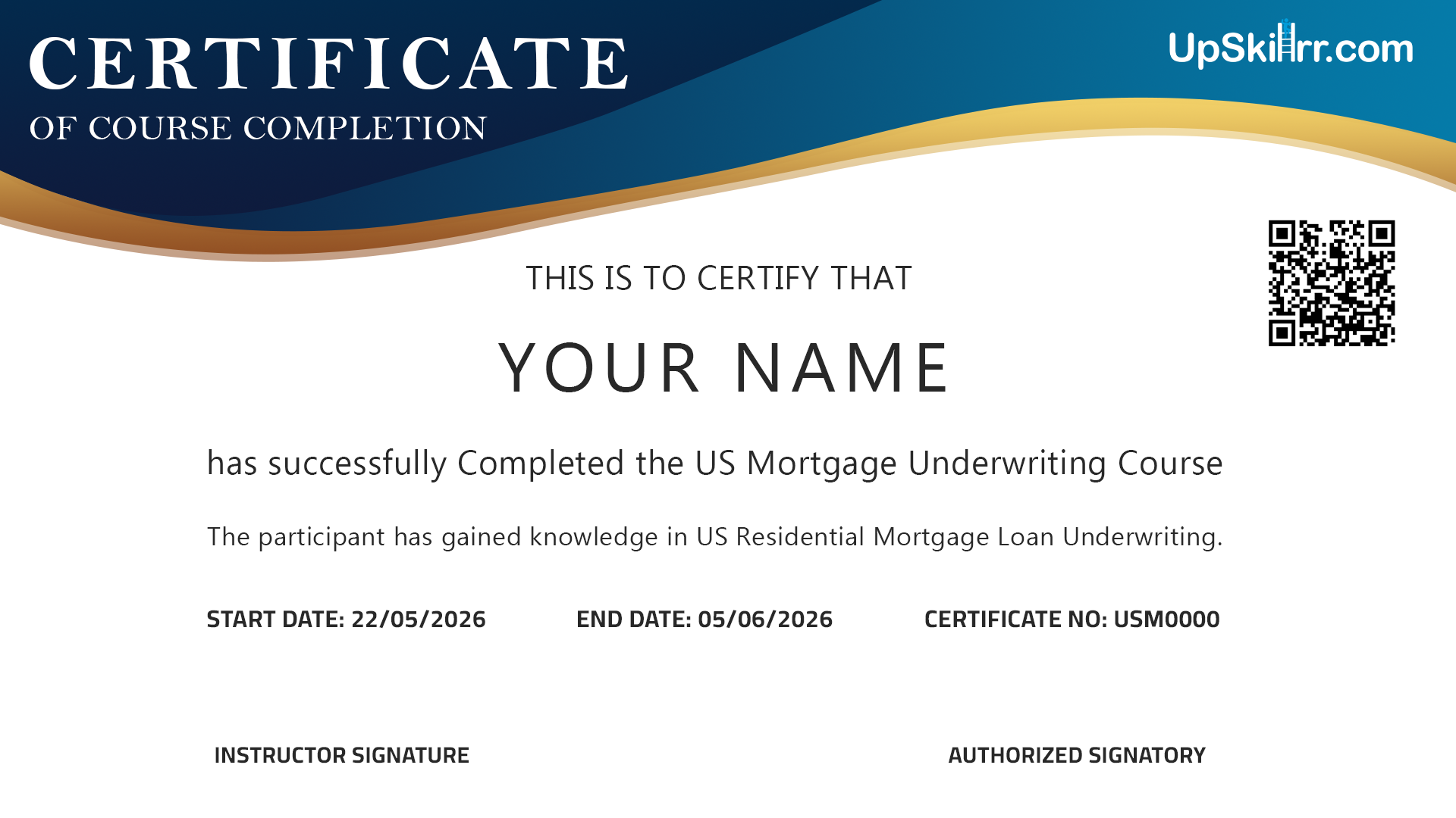 UpSkillrr Mortgage Careers Academy Certificate Sample